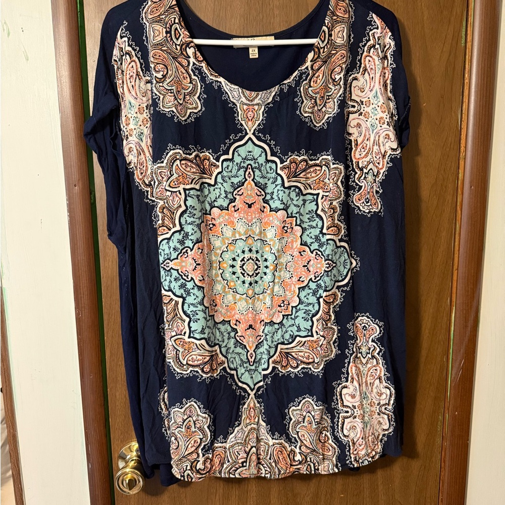 Elegant Navy and Peach Paisley Women's Blouse